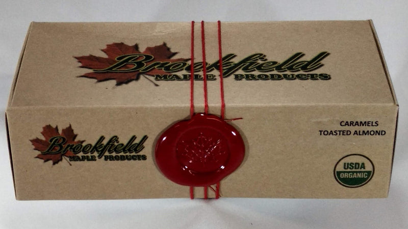 Honey Maple Caramel box with Brookfield Maple Products logo sealed with wax and string